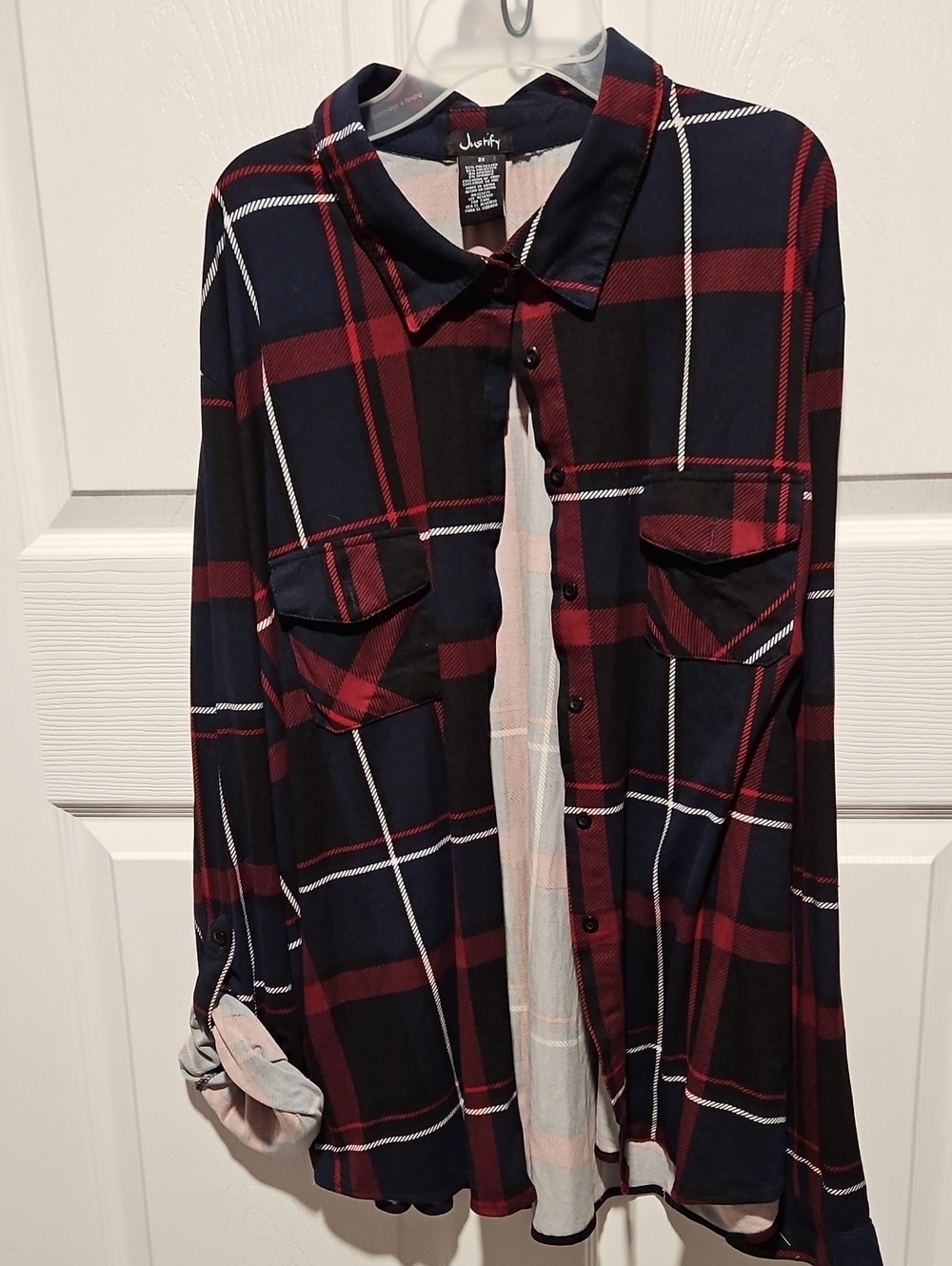 Justify Plus-Size Plaid Button-Up Shirt in Navy and Burgundy